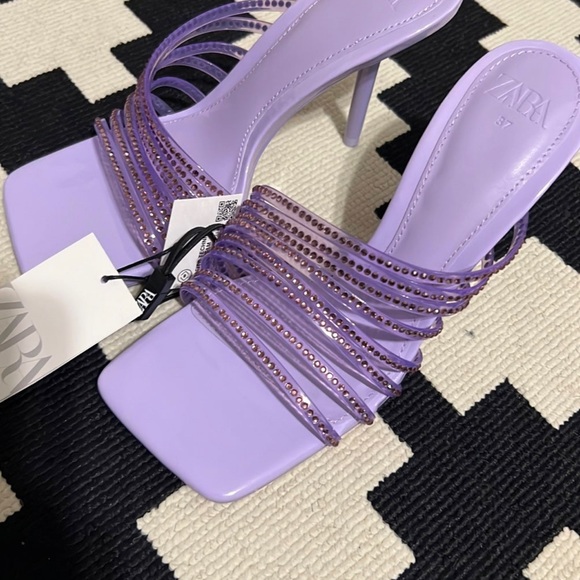 Zara Purple Vinyl Square Toe Rhinestone Mules Slides Heels 37(6.5) - Picture 6 of 7